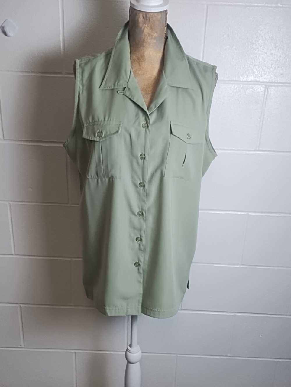 Sleeveless Button-Front Shirt in Sage Green Side Slits